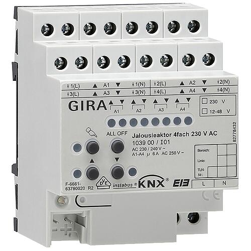 Actionneur de stores GIRA 230V AC / 12-48V DC avec commande manuelle KNX REG Standard 1