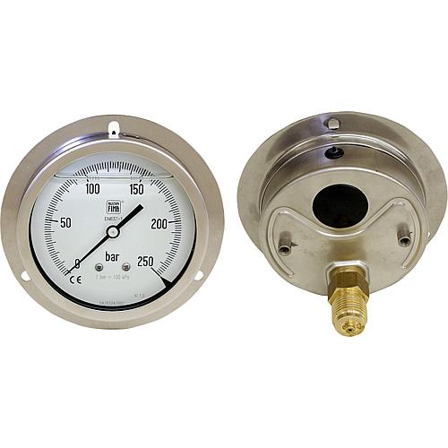 Glycerine Bourdon tube pressure gauge ø 100 mm, DN 15 (1/2“) eccentric, with large front ring Standard 1