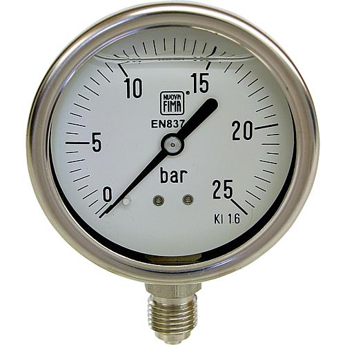 Glycerine Bourdon tube pressure gauge ø 63 mm, DN 8 (1/4“) radial, in a chemistry design