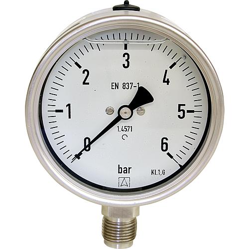 Glycerine Bourdon tube pressure gauge ø 100 mm, DN 15 (1/2“) radial, in a chemistry design