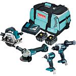 Kit sans fil Makita 18 V 4 pièces DLX4156TX1 avec 2 x batteries 5 Ah, chargeur et sac de transport