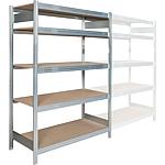 Shelf system with wood shelves,
Shelf load 250 kg, bay load 2000 kg, base shelf