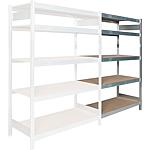 Shelf system with wood shelves,
Shelf load 250 kg, bay load 2000 kg, base shelf