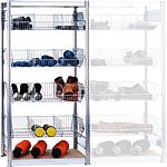 Basket shelf, 4 shelf levels with mesh baskets and mesh dividers, shelf load 35 kg and 2 wooden shelf floors, 
shelf load 250 kg, base shelf