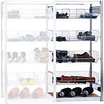 Basket shelf, 4 shelf levels with mesh baskets and mesh dividers, shelf load 35 kg and 2 wooden shelf floors, 
Shelf load 250 kg, attachment shelf