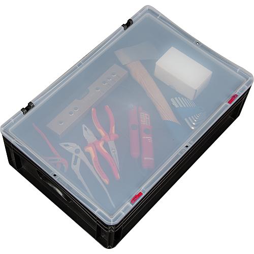 boîte de transport TBS noire avec couvercle transparent, unité d'emballage ou conditionnement Anwendung 1