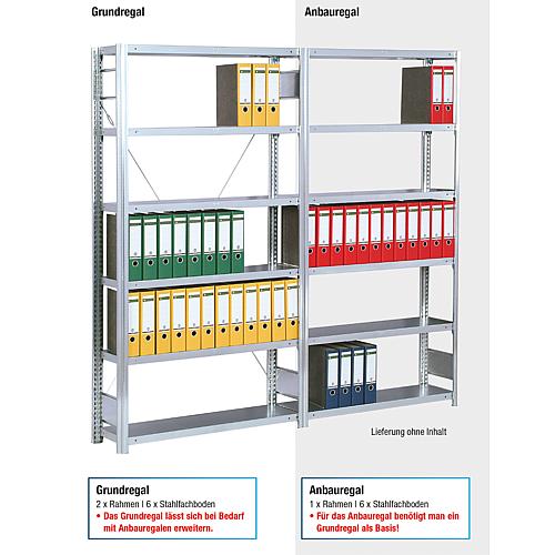 Office shelving unit with 6 steel shelves, mounting shelf, shelf load 150 kg, bay load 2000 kg, width 1285 mm Anwendung 2