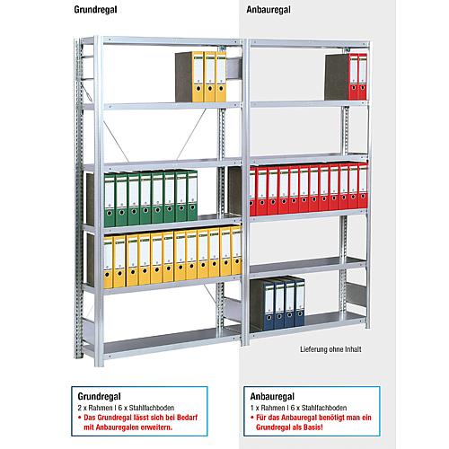 Büroregal mit 6 Stahlfachböden, Grundregal, Fachlast 150 kg, Feldlast 2000 kg, Breite 1285 mm Anwendung 1