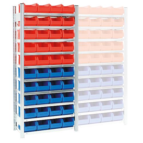 Shelf for open-fronted storage bins, shelf load 150 kg bay load 2000 kg
Basic shelving unit with 10 steel shelves, height 2000 mm, width 875 mm Anwendung 1