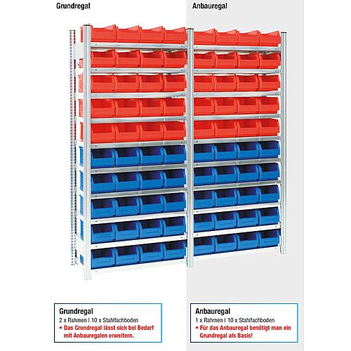 Shelf for open-fronted storage bins, shelf load 150 kg bay load 2000 kg
Basic shelving unit with 10 steel shelves, height 2000 mm, width 875 mm Anwendung 2
