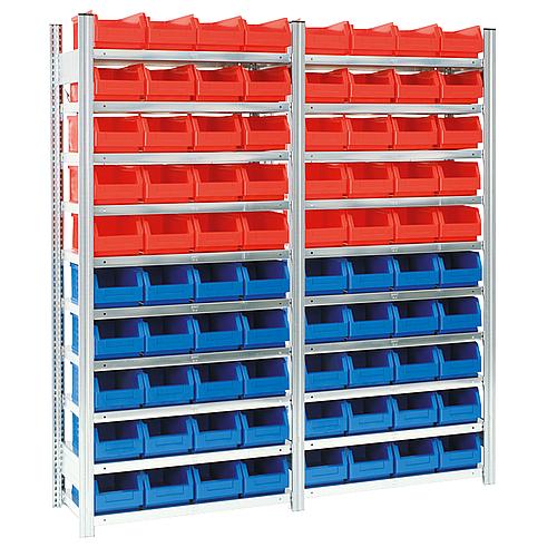 Shelf for open-fronted storage bins, shelf load 150 kg bay load 2000 kg
Basic shelving unit with 10 steel shelves, height 2000 mm, width 875 mm Anwendung 3