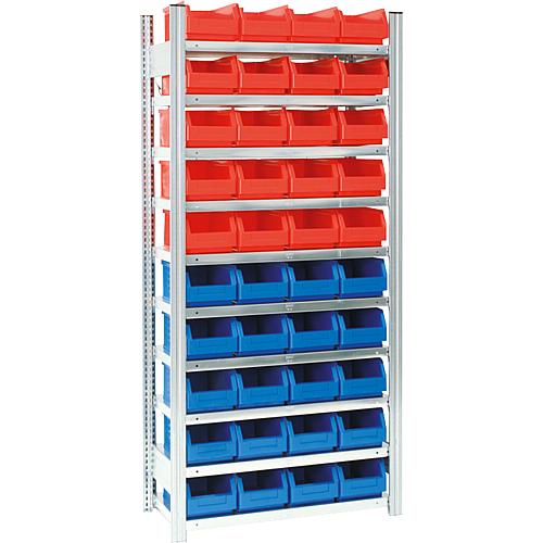 Shelf for open-fronted storage bins, shelf load 150 kg bay load 2000 kg
Basic shelving unit with 10 steel shelves, height 2000 mm, width 875 mm Standard 1