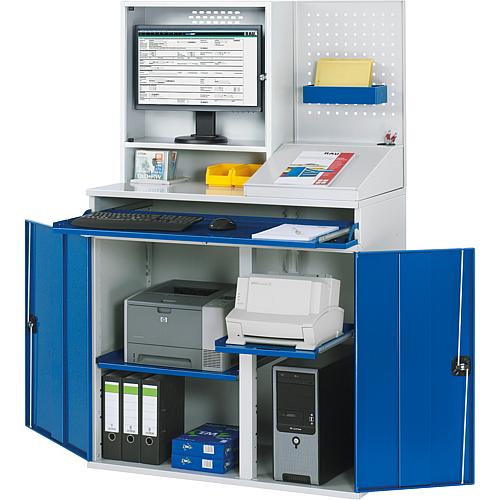 Computer cabinet 1100 with 3 pull-outs and 2 hinged doors with monitor housing and perforated panel Anwendung 1
