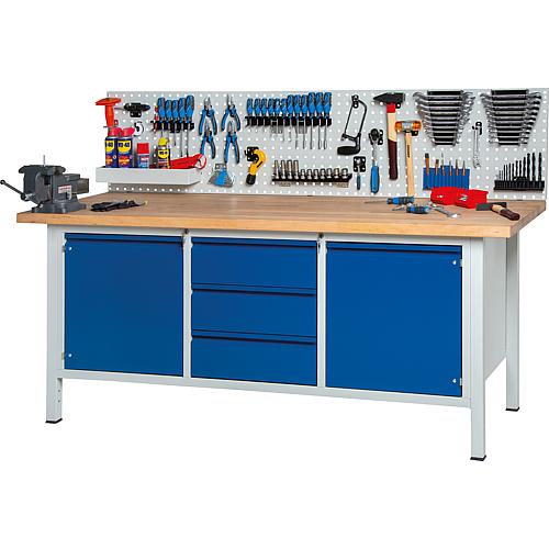 Workbenches series BASIC-8 with 3 drawers and 2 wing doors with solid beech worktop, 40 mm Anwendung 1