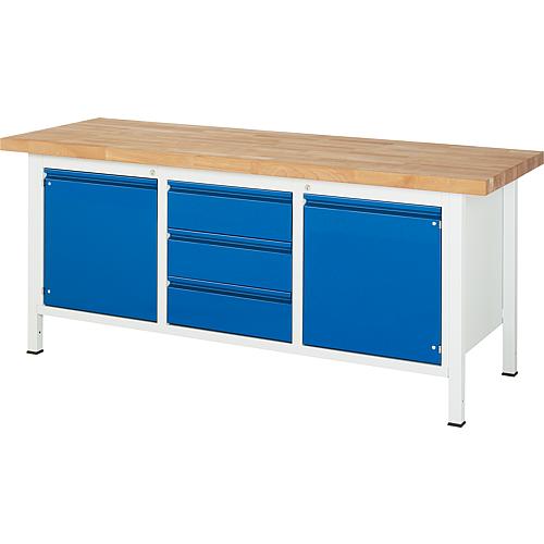 Workbenches series BASIC-8 with 3 drawers and 2 wing doors with solid beech worktop, 40 mm Standard 1