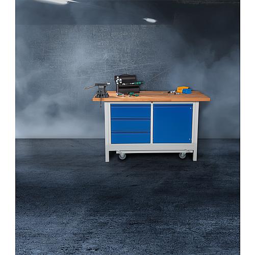 Workbench with lowerable chassis 8468 BASIC-8 series with 3 drawers and hinged door with solid beech worktop (H) (mm):40