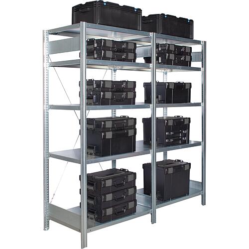 Mounting shelving unit with 5 steel shelves, width 875 mm, height 2000 mm, shelf load 150 kg, bay load 2000 kg