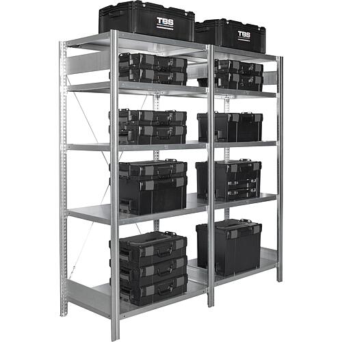 Shelving system with 6 steel shelves, shelf load 150 kg, bay load 2000 kg, attachable shelf, width 875 mm Webshop nur TBS DE 1