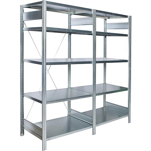 Shelving system with 6 steel shelves, shelf load 150 kg, bay load 2000 kg, attachable shelf, width 875 mm Standard 1