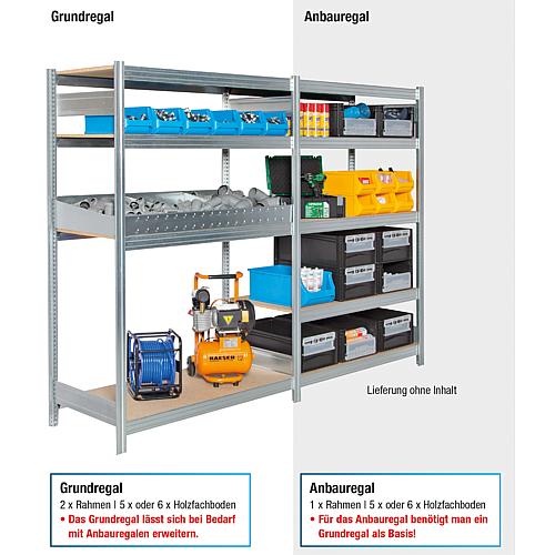 Shelf system with wood shelves,
Shelf load 250 kg, bay load 2000 kg, mounting shelf Anwendung 2