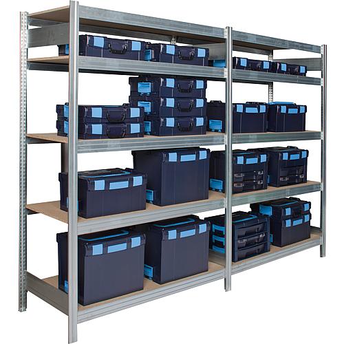 Shelf system with wood shelves,
Shelf load 250 kg, bay load 2000 kg, base shelf Webshop nur TBS DE 1