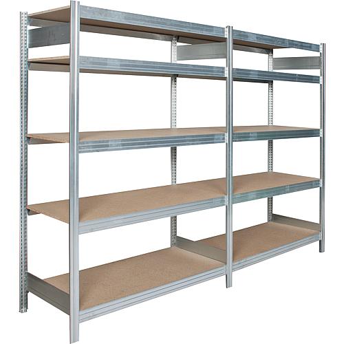 Shelf system with wood shelves,
Shelf load 250 kg, bay load 2000 kg, base shelf Standard 2