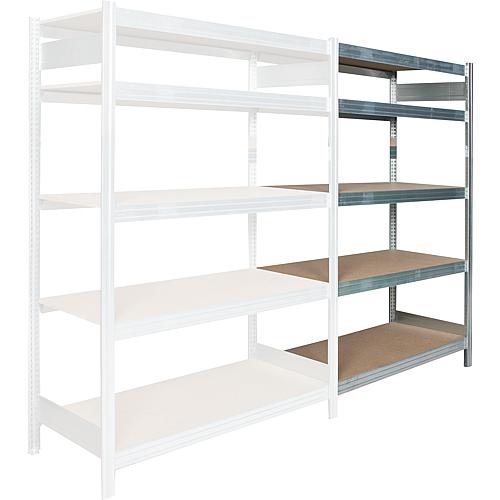 Shelf system with wood shelves,
Shelf load 250 kg, bay load 2000 kg, base shelf Standard 1