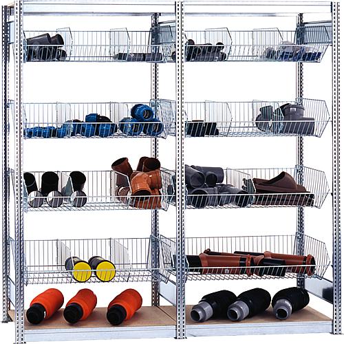 Basket shelf, 4 shelf levels with mesh baskets and mesh dividers, shelf load 35 kg and 2 wooden shelf floors, 
shelf load 250 kg, base shelf Anwendung 2