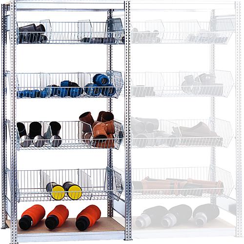Basket shelf, 4 shelf levels with mesh baskets and mesh dividers, shelf load 35 kg and 2 wooden shelf floors, 
shelf load 250 kg, base shelf Standard 1