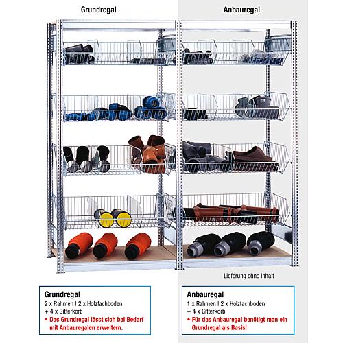 Basket shelf, 4 shelf levels with mesh baskets and mesh dividers, shelf load 35 kg and 2 wooden shelf floors, 
Shelf load 250 kg, attachment shelf