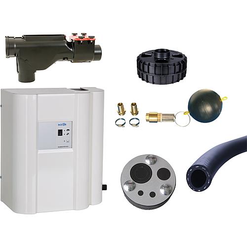 Complete rainwater utilisation package for home water supply and small gardens.
With automatic changeover from rainwater to drinking water mode Standard 1