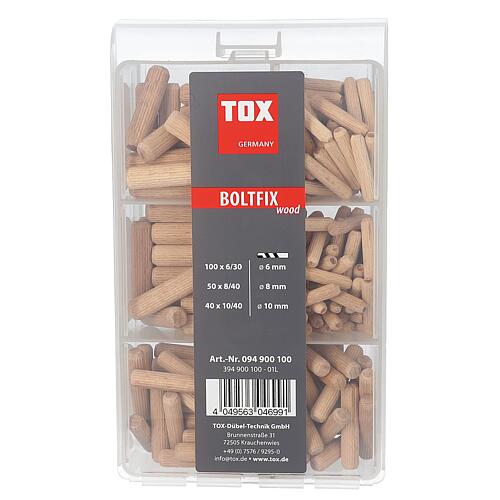 TOX wooden dowels 190-piece Boltfix wood assortment 100x 6x30 mm, 50x 8x40 mm, 40x 10x40 mm, solid beech corrugated dowels