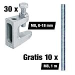 Value pack of M8 beam clamps, clamping range 0-18 mm, 30 pieces + free M8 threaded rods, 10 pieces