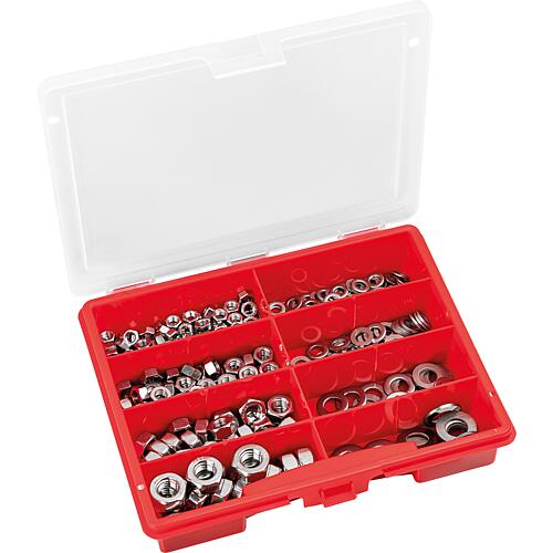 Assortment case hexagonal nuts DIN 934 + washers DIN 125, stainless steel A2, 380 pieces Standard 1